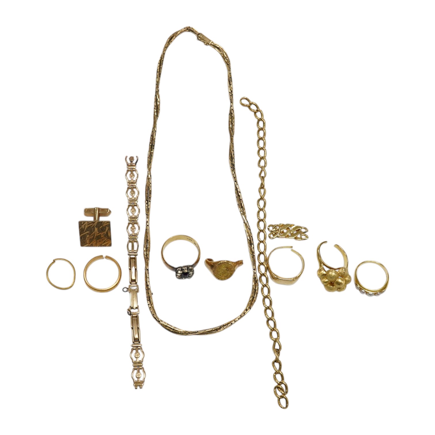 A yellow metal and graduated five stone split pearl set half hoop ring, a 375 necklace and 9ct gold cufflink, a 22ct gold and two colour paste set ring and eight assorted damaged gold and yellow metal items, 9ct 29.2 gra